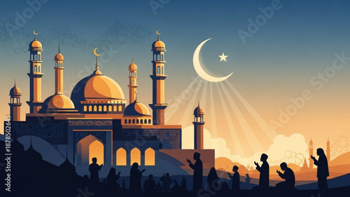 Islamic mosque and crescent moon at sunset people praying in silhouette spiritual concept for Ramadan and Eid