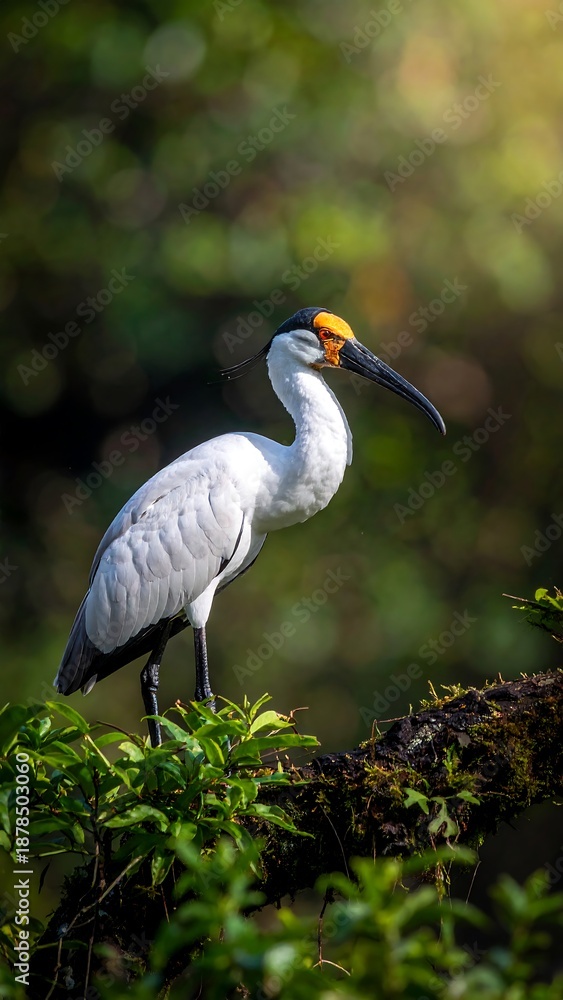 Fototapeta premium Majestic white ibis perched on mossy branch, surrounded by green forest foliage in soft sunlight