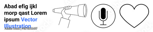 Exploration, communication, love, creativity, navigation, observation. Hand holding a telescope, a microphone icon and a heart shape. Exploration and communication visually