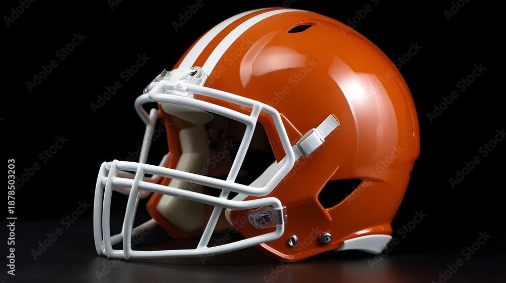 Fototapeta premium An orange football helmet with white stripes and a protective facemask on a dark background