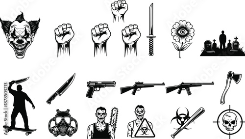 Dark horror icons set with weapons skulls fists symbols dangerous silhouettes graphic elements isolated black illustration collection