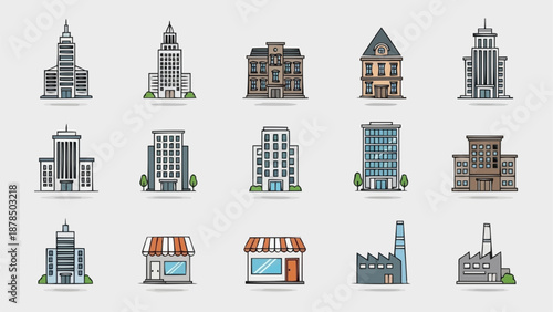 Collection of Diverse Building Icons Representing Architecture.
