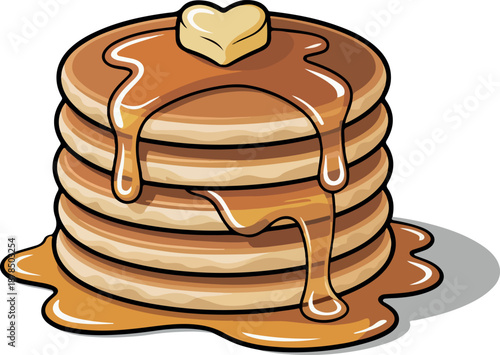 Pancake Cartoon Art – Breakfast Menu, Branding & Packaging. Stack of Pancakes with Syrup and Butter – Cute Food Illustration. Pancake Stack Clipart – Sweet Breakfast Illustration. 