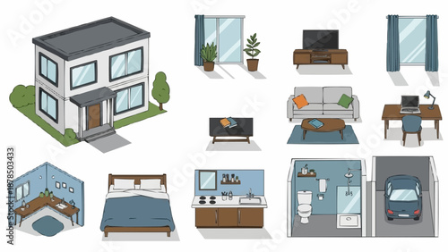 Collection of Isometric House Interiors and Exterior View.