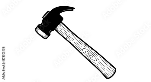 Claw hammer hand tool illustration in black and white isolated