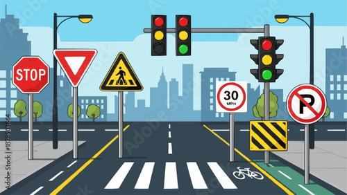 City Street with Traffic Signals and Road Signs.