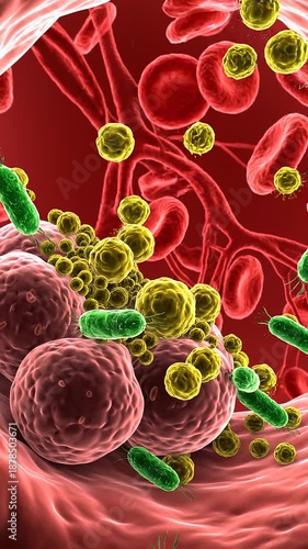 Microscopic view of bacteria and cells in a medical, scientific illustration of microbiology, infection and disease in a biological context