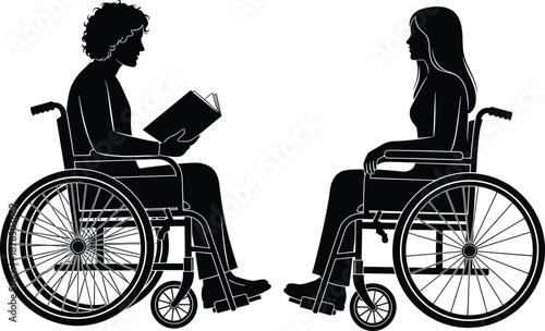 Silhouette illustration of two women in wheelchairs having conversation and reading book representing disability support, inclusion, accessibility, therapy, counseling concept