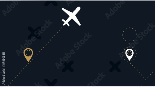 Airplane flying over dark sky with location pins and flight path