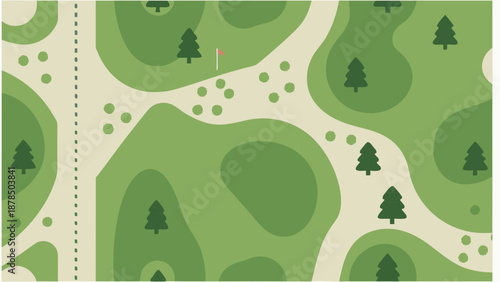 Serene golf landscape with rolling hills sand traps and trees in soft green hues