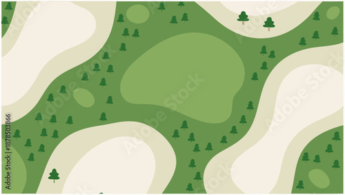 Lush green golf course landscape with sand traps and trees