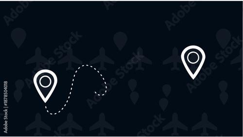 Airplane flight path map on dark night sky background