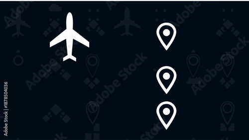 Minimalist vector airplane path illustration with location pins on dark background