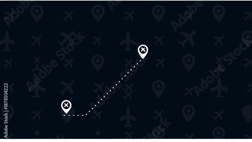 Minimalist night sky with airplane route and destination pins