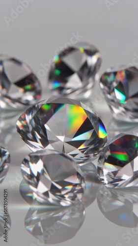 Sparkling diamonds on reflective surface with colorful background light