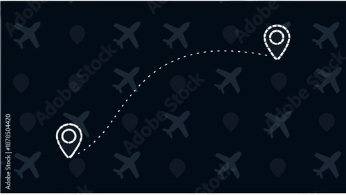 Airplane flying on dashed path between two location pins at night sky travel concept