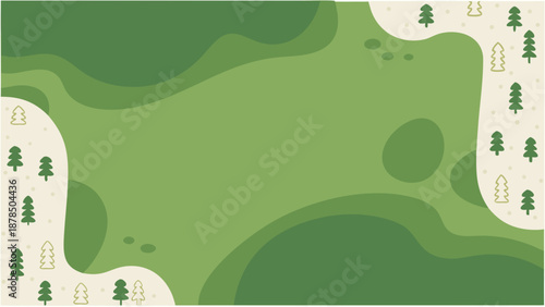 Golf course landscape with rolling hills and trees in cinematic style