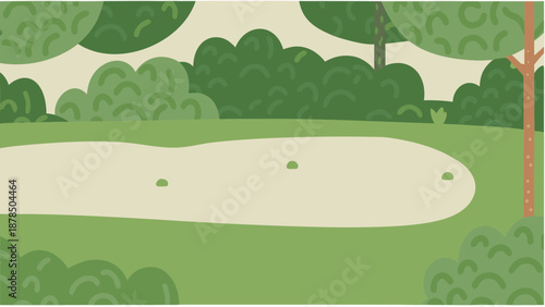 Serene golf landscape with sand trap and golf ball illustration