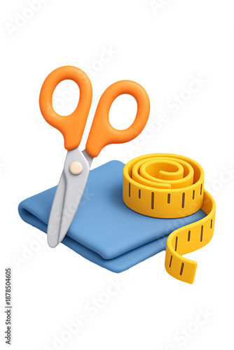 3d Scissors and measuring tape on fabric, Tailor Tools, Sewing Essentials, Fabric Craft, Design Kit, High quality Realistic image.