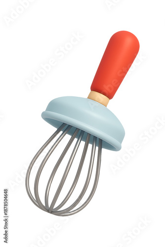 3d Steel manual whisk with plastic lid and red handle for pastry, Pastry Whisk, Red Handle Mixer, Steel Whisk, Baking Tool, High quality Realistic image.