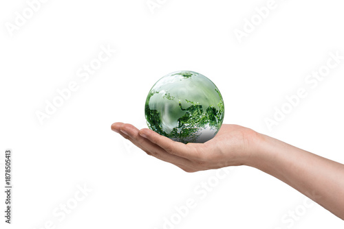 Hand holding green earth, World Environment Day, Earth Day, and ESG concept.