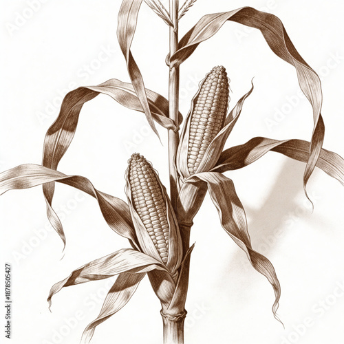 Golden Grain Delight: A meticulously drawn illustration showcases a stalk of corn, its succulent ears of corn, and graceful leaves.