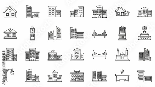 Collection of Building Icons Vector Art.