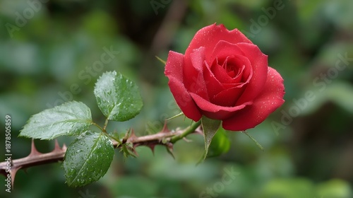 A vibrant red rose glistening with dew drops stands on a thorny stem against a blurred green garden background