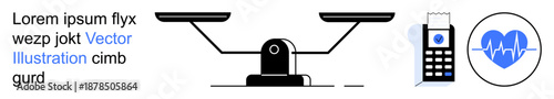 Legal decisions, financial balance, healthcare analysis, justice evaluation, technology integration, wellness monitoring. A balance scale, payment terminal and heartbeat icon. Justice and financial