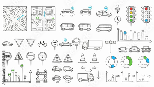Collection of Transportation and Traffic Symbols Icons and Elements.