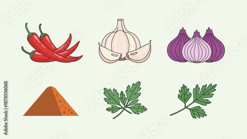 Assorted spice ingredients including chili peppers, garlic, onion, turmeric powder, and fresh herbs in a colorful arrangement.