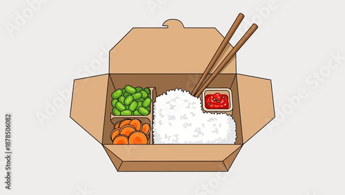 A Takeout Bento Box Showcasing Rice, Vegetables and Chopsticks for a Fresh Lunch.