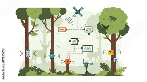 Playful forest scene with animals, trees, and message boards in a friendly woodland illustration.