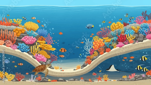 Vibrant underwater coral reef tunnel with colorful marine life and clear blue water scene.