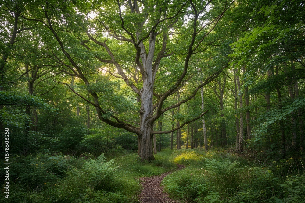 Fototapeta premium Tall Ash Tree in Lush Green Woodland Forest Nature Scene