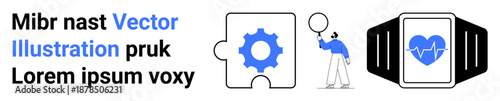 Gear puzzle piece, person holding balloon, smartwatch with heartbeat. Ideal for technology, creativity, problem-solving, health, fitness, innovation simple landing page