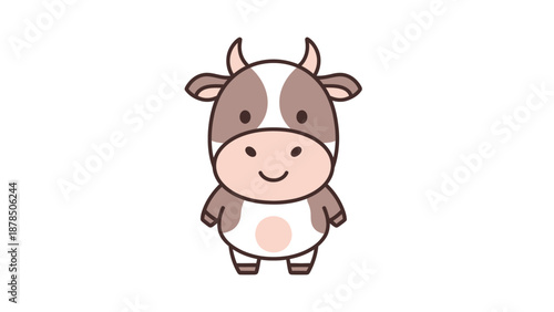 Cute cartoon cow standing with a friendly smile in a simple illustration.