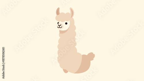 Charming minimalist llama illustration with soft beige tones and a friendly expression, suitable for children's books and decor.