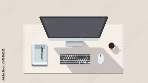 Top view of a clean desk setup featuring a laptop, notebook, and coffee on a minimalist workspace.