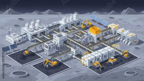 Futuristic space research base with modular laboratories, launch facilities, and solar power on a Mars-like site.