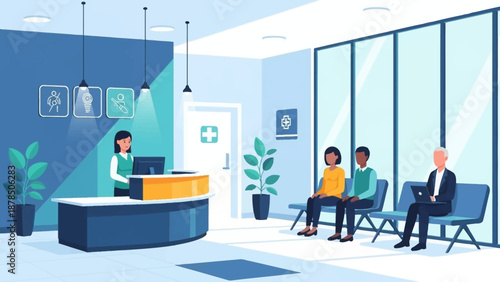 Modern blue themed waiting area with reception desk and seated visitors.