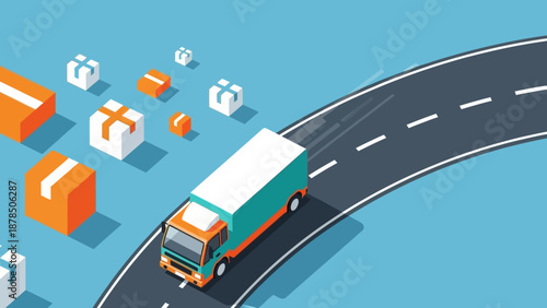 Isometric delivery truck on a curved road beside a small city with buildings.