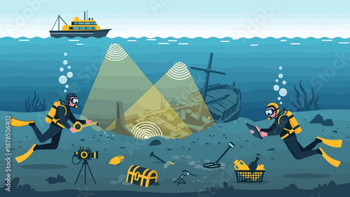 Underwater exploration scene with divers near sunken pyramids and treasure.