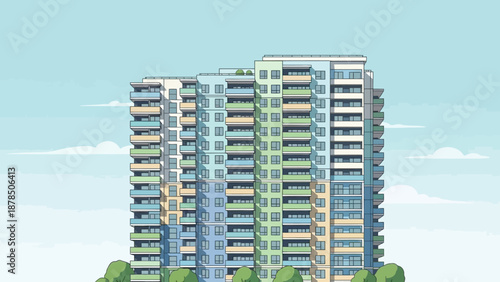 Two Modern High Rise Residential Towers with Balconies Against a Clear Blue Sky.