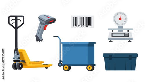 Industrial warehouse equipment including pallet jack, barcode barcodes, scale and blue bins in a logistics setting.