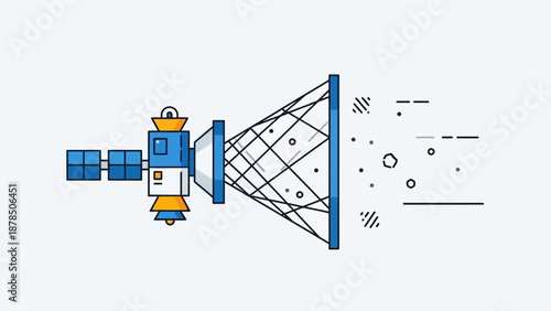 Satellite communication dish transmitting signals and data through space to orbiting systems and ground networks.