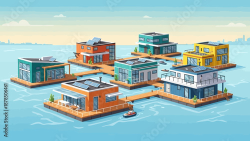 Colorful Floating House Community On a Bright Waterfront Island With Modern Architecture.