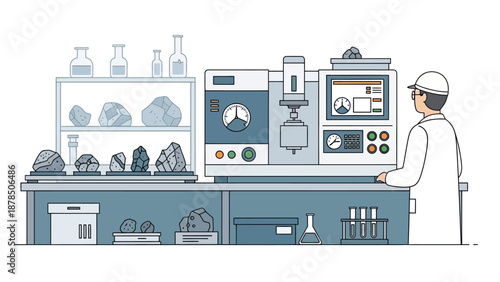 Commercial bakery kitchen scene featuring a baker and pastries behind a display counter.