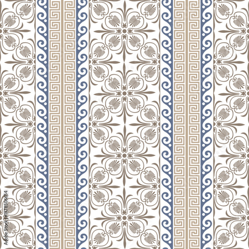 Seamless pattern classical golden blue Greek motifs stylized acanthus palmette, key fret border, floral meander. Seamless background from floral ornament. Fashionable modern wallpaper or textile, tile