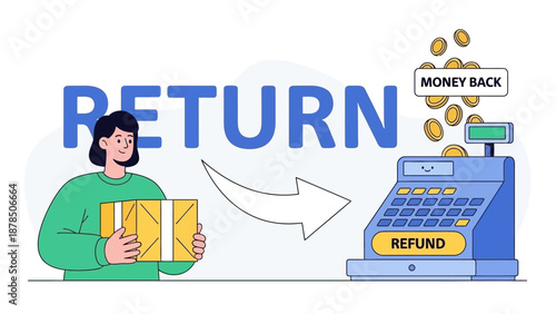 Cartoon Illustration of a Refund and Return Process at a Store Checkout.